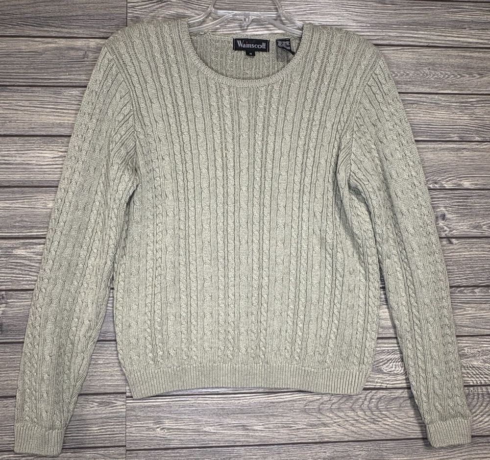 Wainscott Vintage Crewneck Cable Knit Sweater Olive Green Size Small 90s Chunky